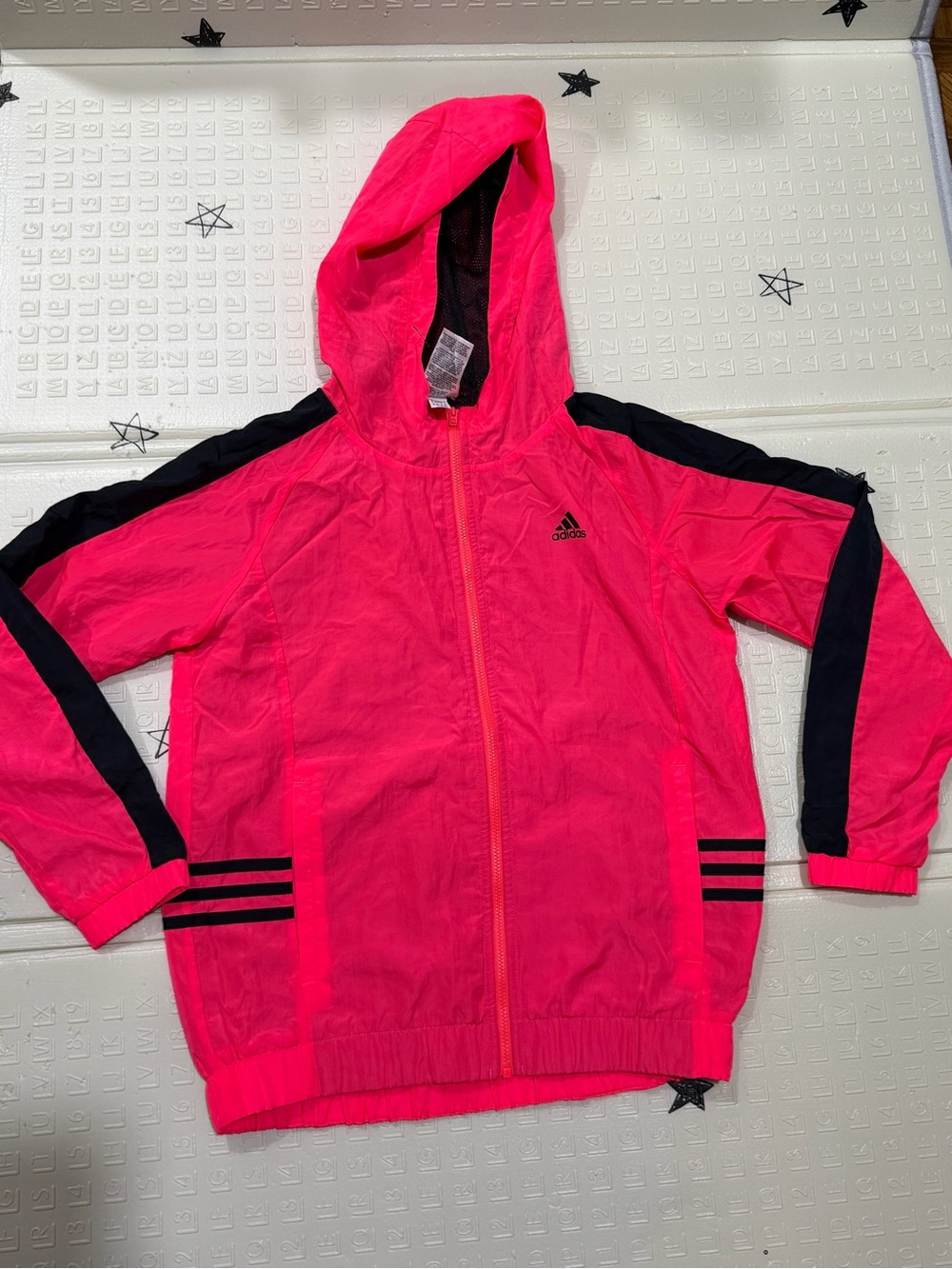 adidas Neon Pink Hooded Track Jacket with Black Stripes